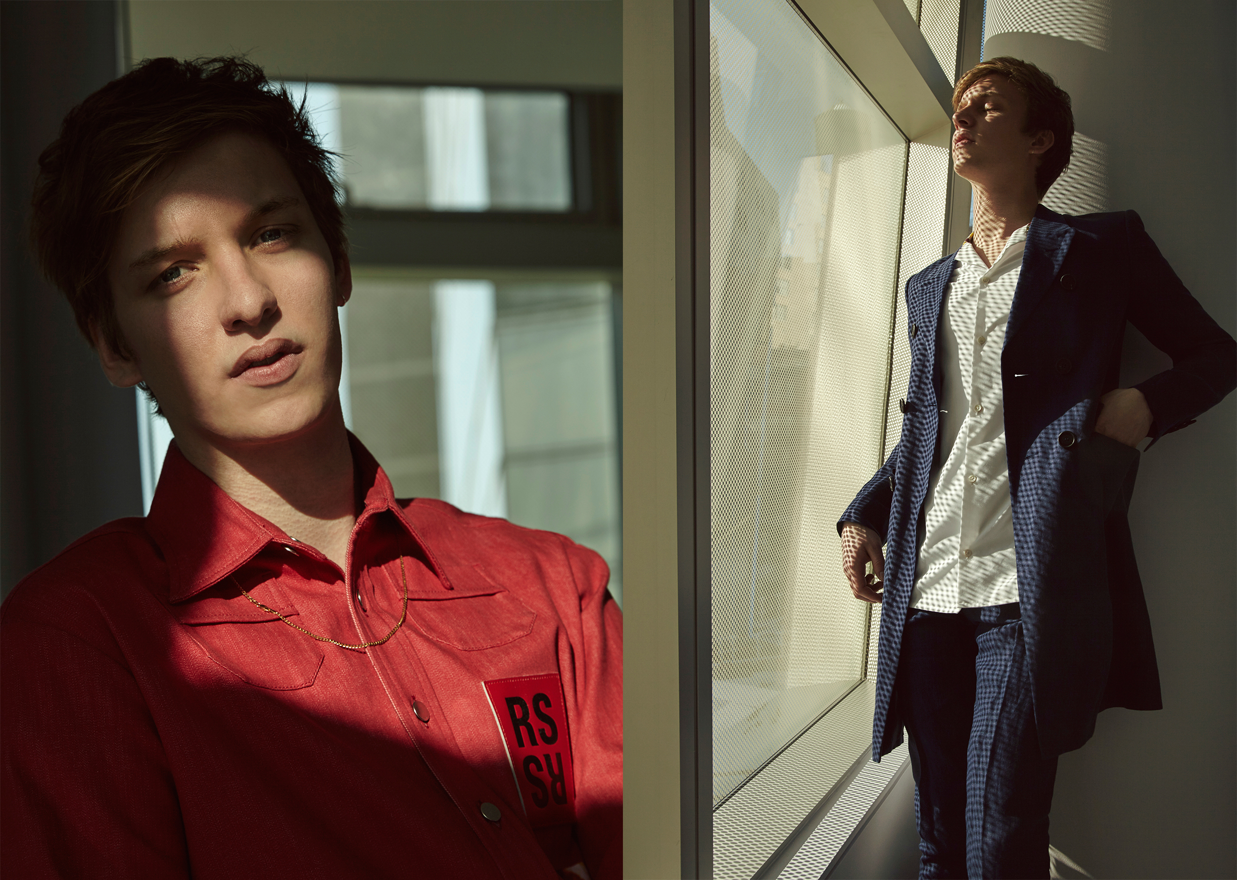 Left: Shirt by Raf Simons. Necklace, Ezra's own. Right: Jacket and trousers by Burberry Prorsum. Shirt by Acne Studios.