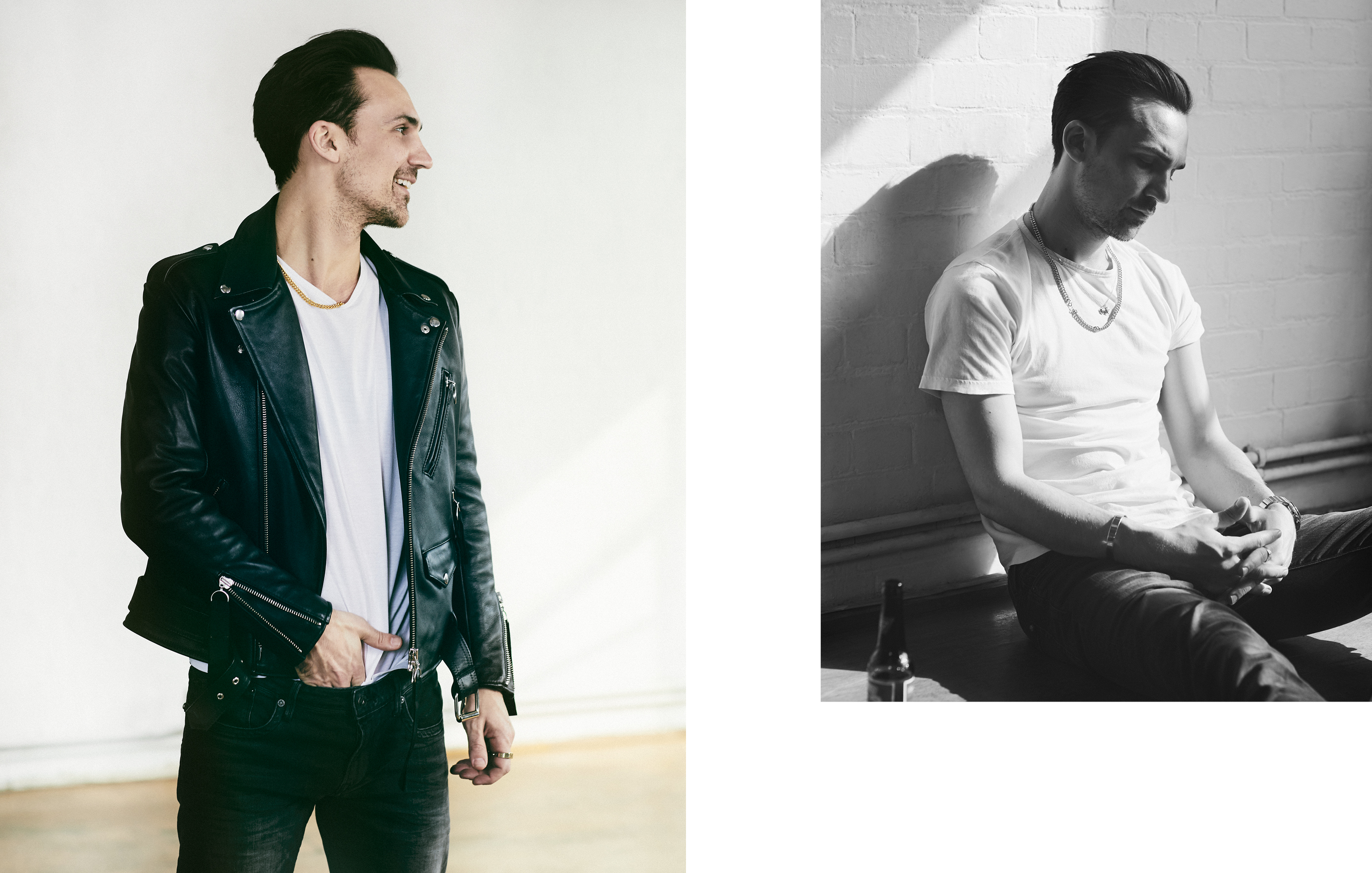 Left: Leather jacket by Matthew Miller. T-shirt by Sunspel. Jeans by A.P.C.Right: T-shirt by Sunspel. Jeans by A.P.C.