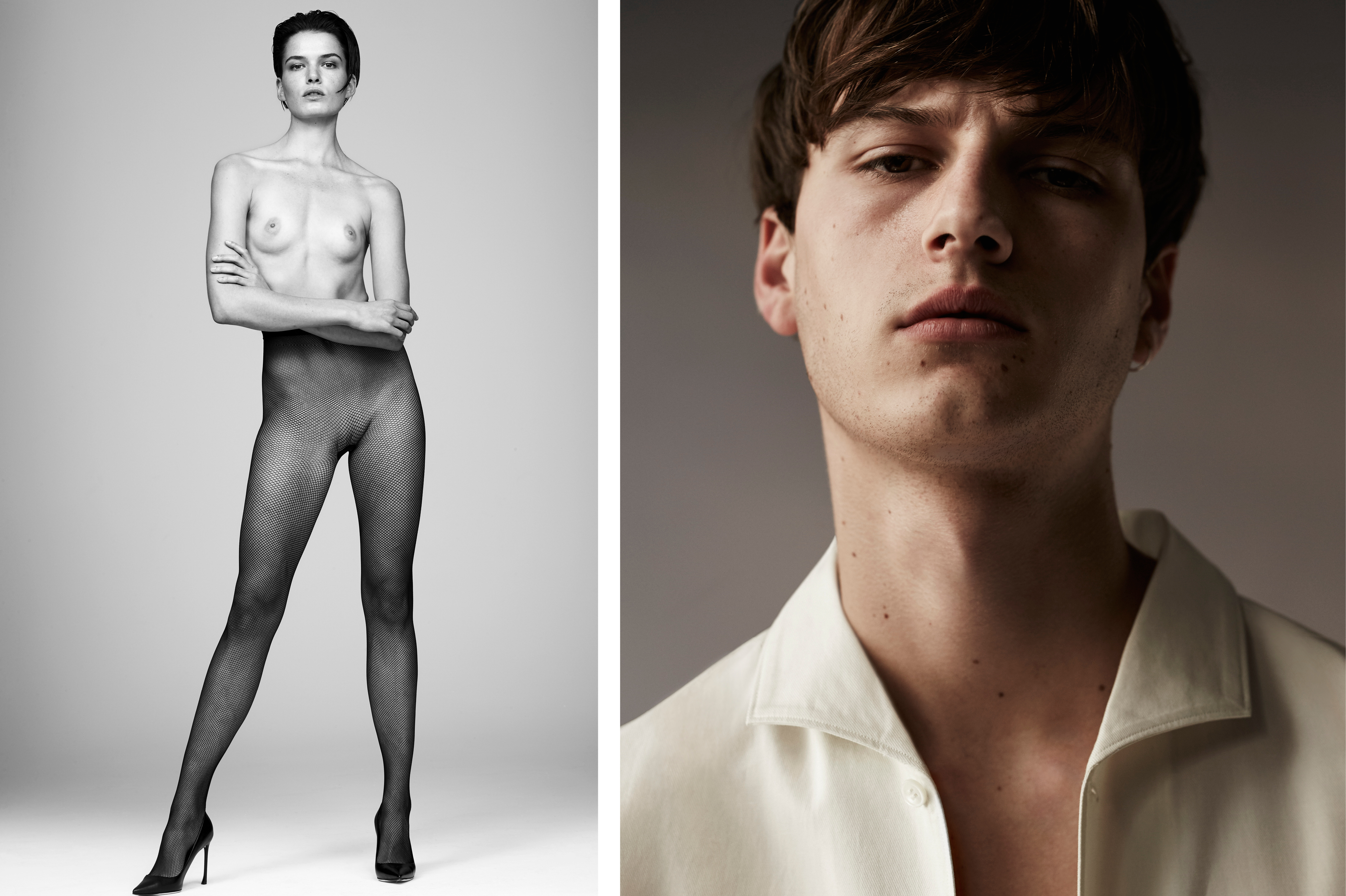 Left: Anne Verhallen wears tights by Wolford. Shoes by Christian Dior.Right: Le Sueur wears shirt by Lemaire.