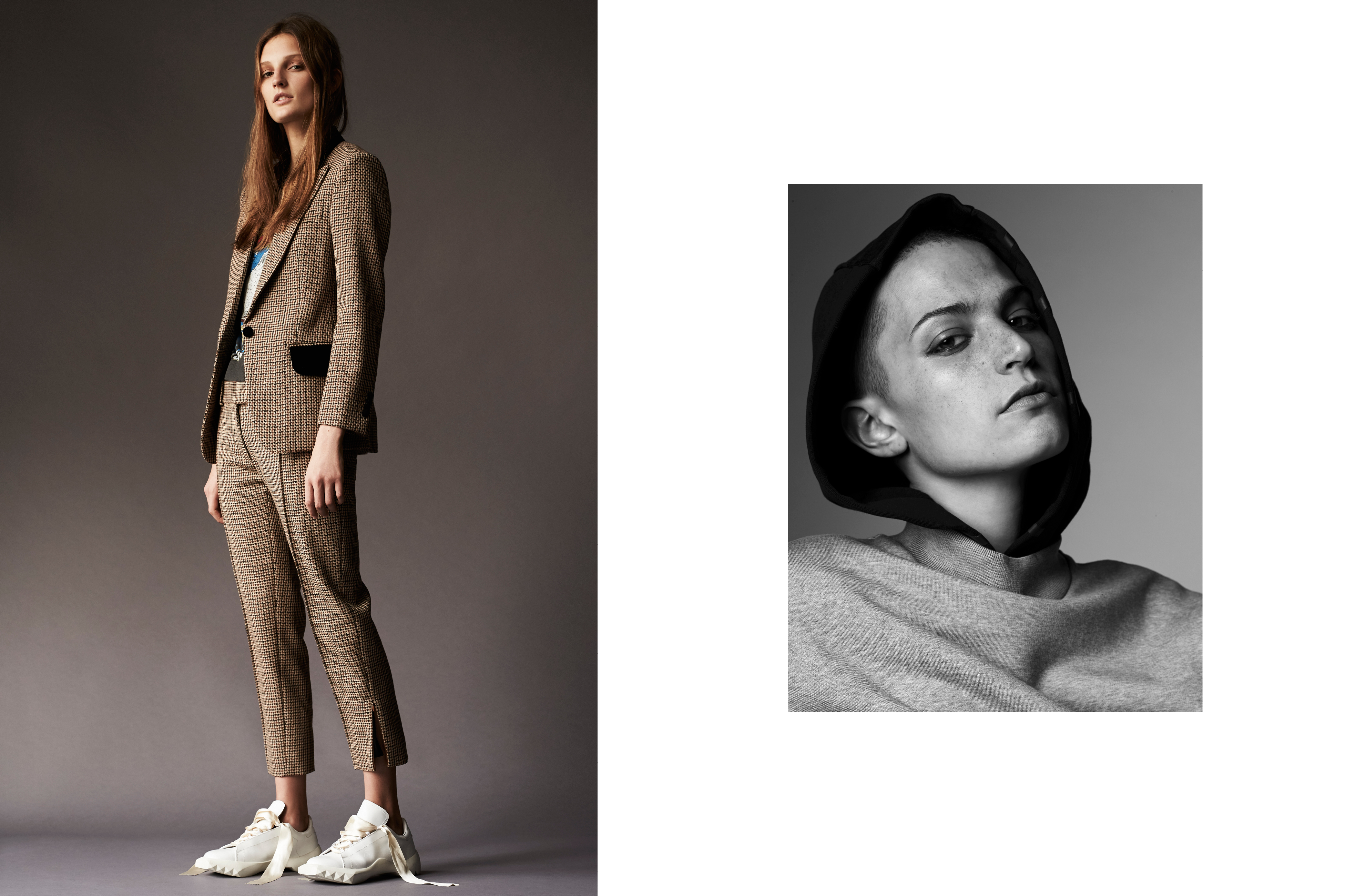 Left: Julia Fleming wears suit, vintage Céline from Albright Fashion Library, New York. T-shirt, vintage, stylist’s own. Shoes by Undercover.Right: Dayna Marie wears all clothing by Alexander Wang.