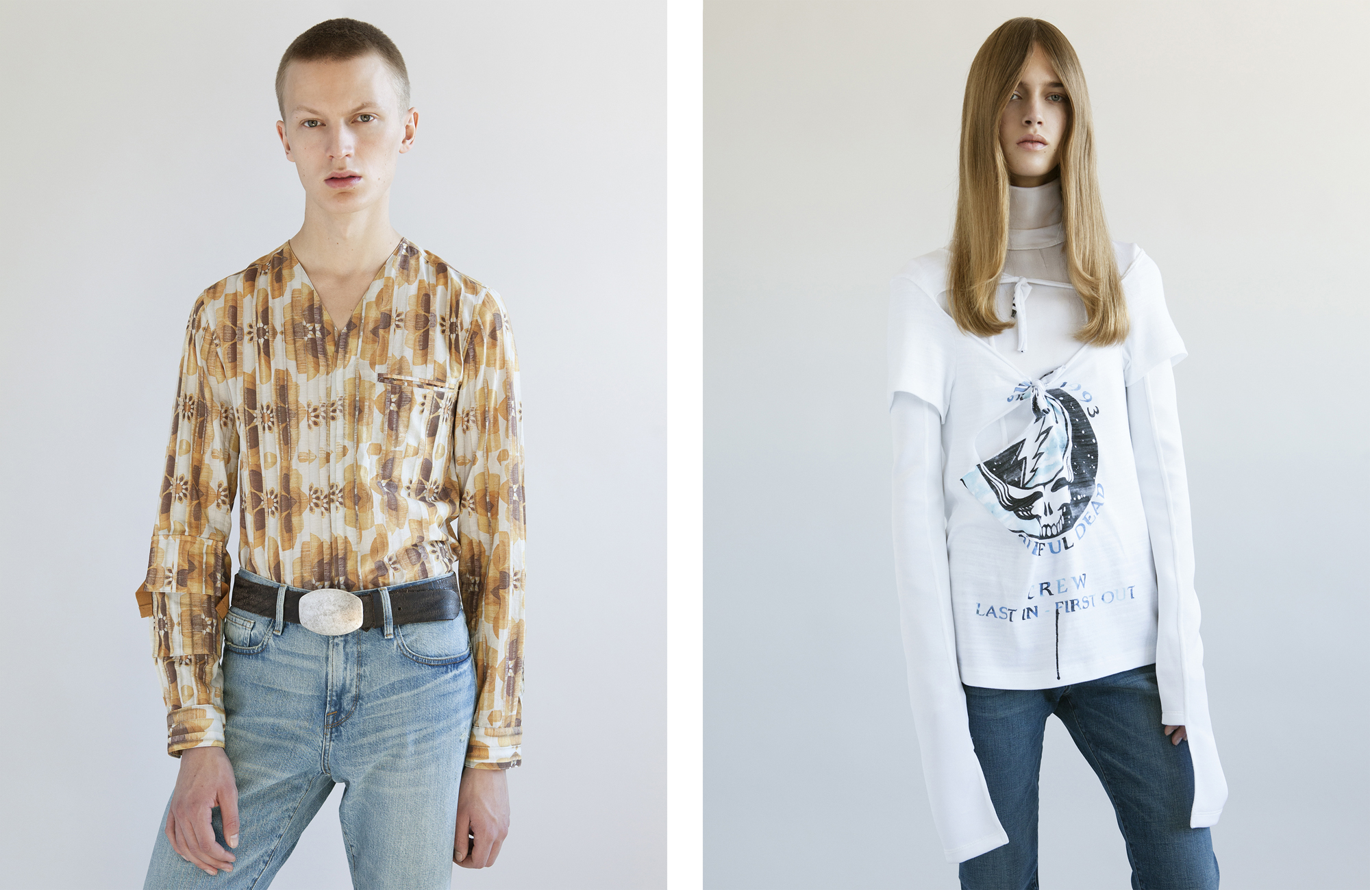 Left: Jonas Gloer wears shirt by Siki Im. Jeans by J Brand. Belt, stylist's own.Right: Julia Jamin wears top and t-shirt by Off-White. Jeans by J Brand.