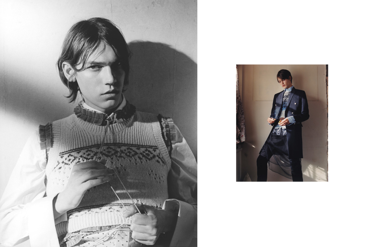 Left: Gordeev wears top by Raf Simons. Top (worn underneath) by Veronique Branquinho. Shirt by Thomas Pink.Right: Gates wears coat and trousers by Dior Homme. Dress by Pinko. Top by Raf Simons. Shirt by Thomas Pink.