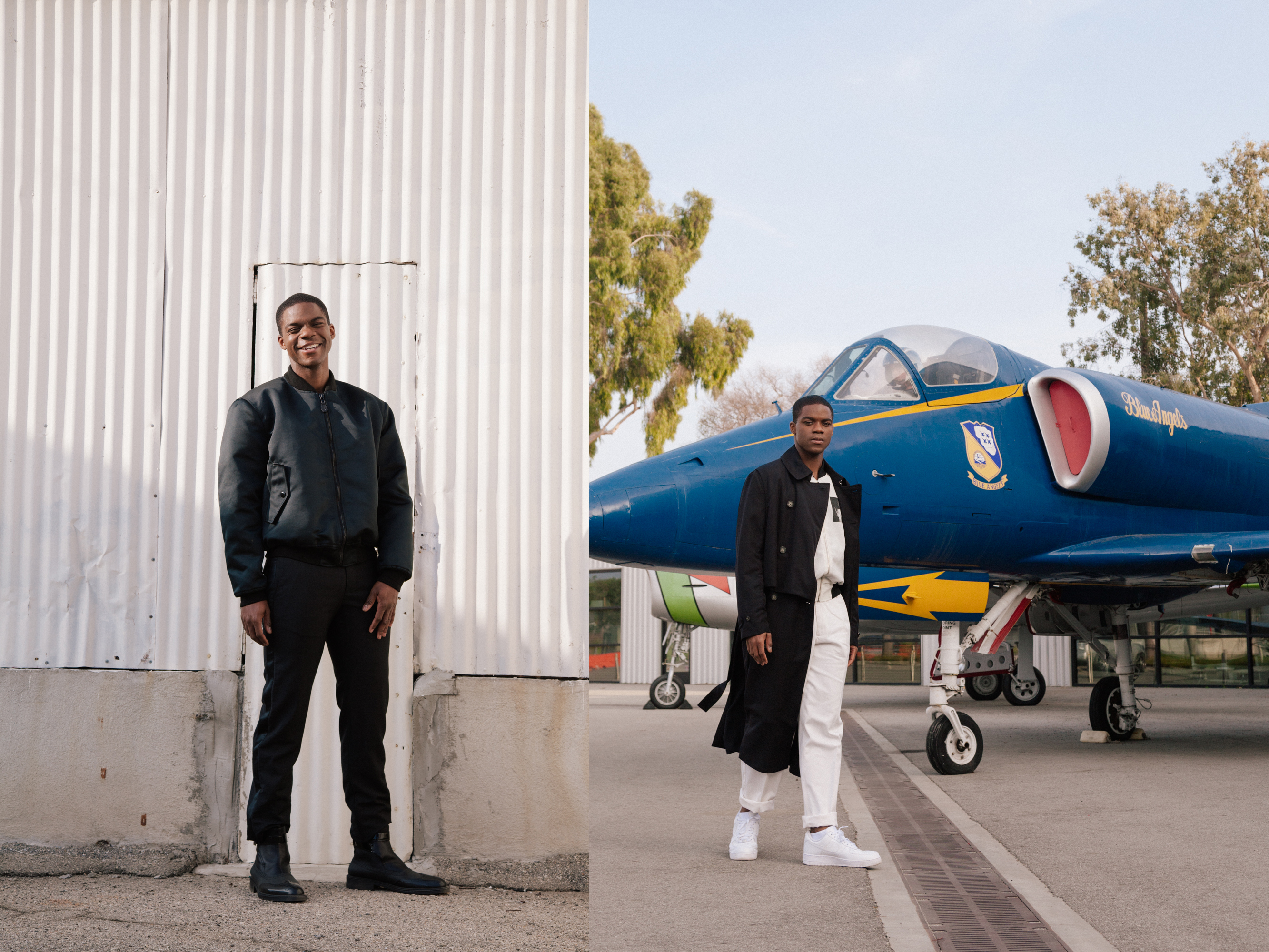 Left: Vintage jacket by Givenchy. Trousers and boots by Vivienne Westwood.Right: Trench coat by H&M. Jacket, worn underneath, by Enfants Riches Déprimés. Vintage trousers by Byblos. Sneakers by Nike.