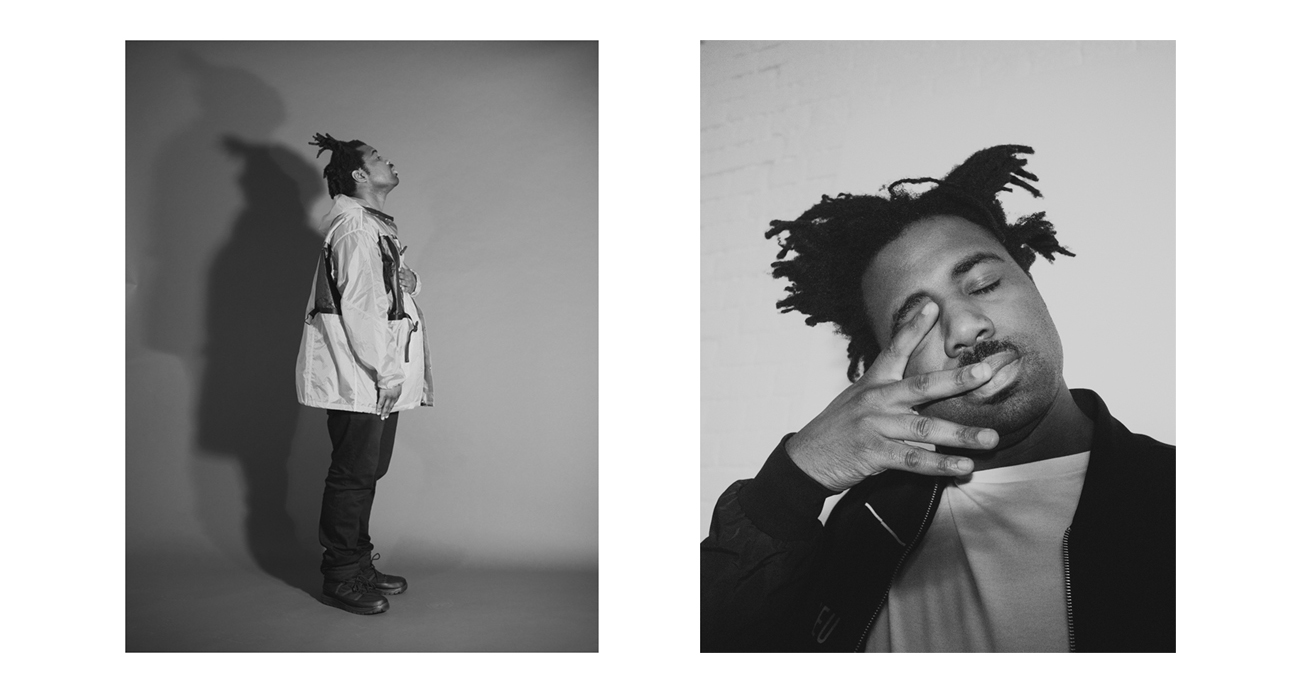 Left: Coat by Prada. Jeans and shoes, worn throughout, Sampha's own.Right: Jacket by McQ. T-shirt by Burberry.