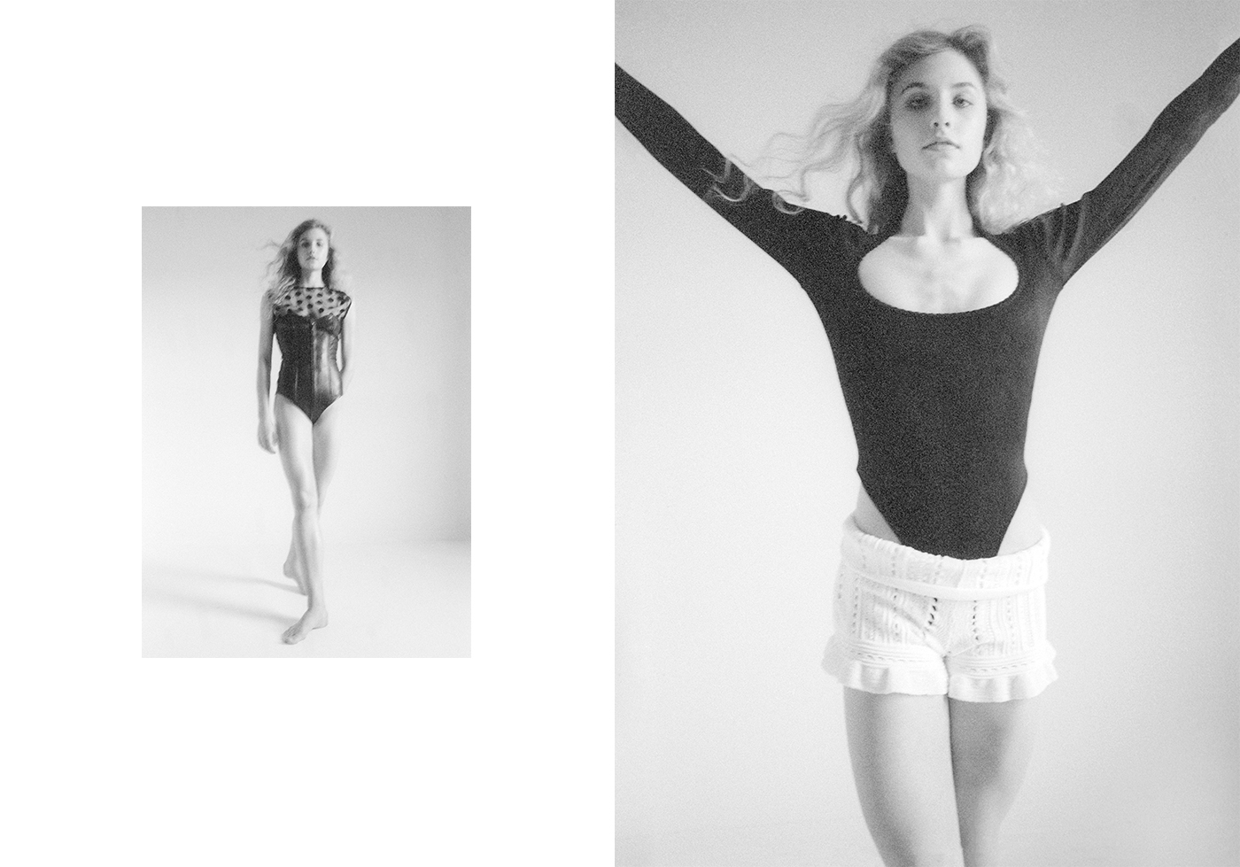 Left: Vintage bodysuit by Saint Laurent. Vintage top by Stella McCartney.Right: Vintage bodysuit by Azzedine Alaïa from Marlous Borm. Shorts by 3.1 Phillip Lim.