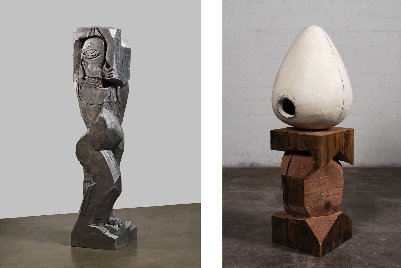 Left: Thomas Houseago, 'Rattlesnake Figure (Aluminum),' 2011. Photography by Fredrik Nilsen. Courtesy of the artist and Hauser & Wirth.Right: Thomas Houseago, 'Untitled (Egg),' 2015. Photography by Fredrik Nilsen. Courtesy of the artist and Hauser & Wirth.