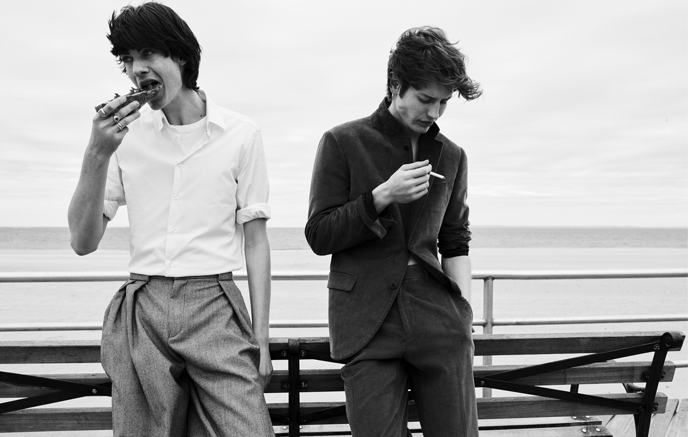 From left: Payne wears shirt and t-shirt by Gap. Trousers by Giorgio Armani. All jewelry, model's own. Nathan Morgan wears all clothing by Childs.