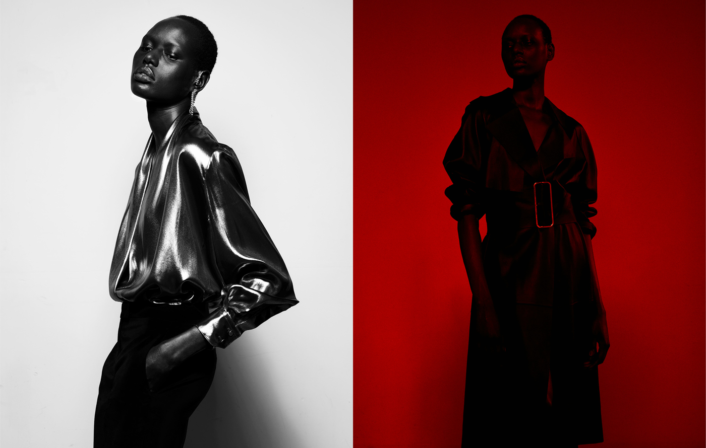 Left: Deng wears all clothing by Pallas. Vintage earrings from New York Vintage.Right: Deng wears coat by Dion Lee.