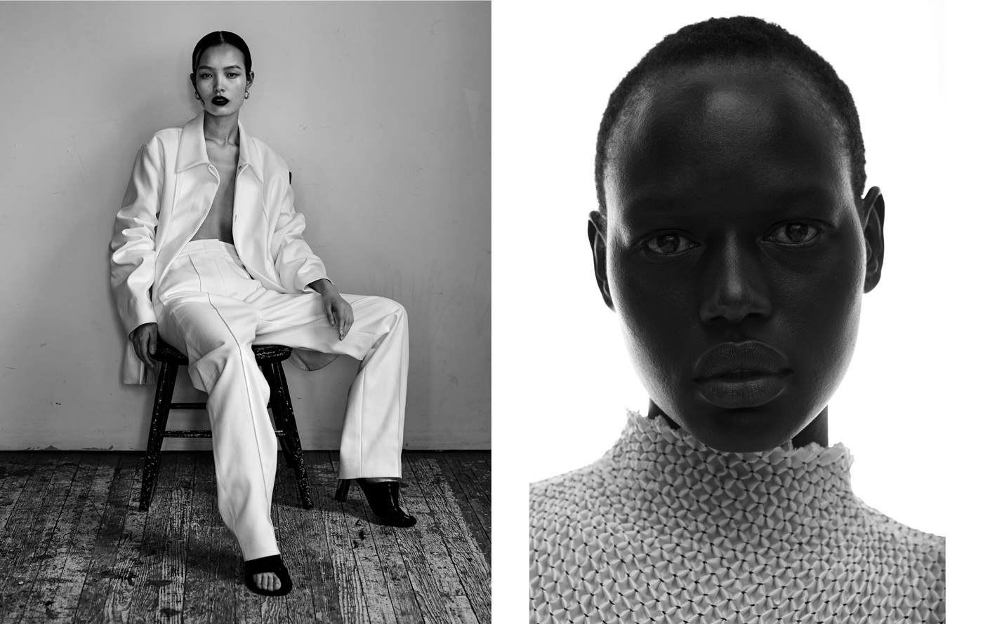 Left: Ling Liu wears jacket and trousers by The Row. Shoes by Céline. Vintage earrings from New York Vintage.Right: Ajak Deng wears top by 3.1 Phillip Lim.