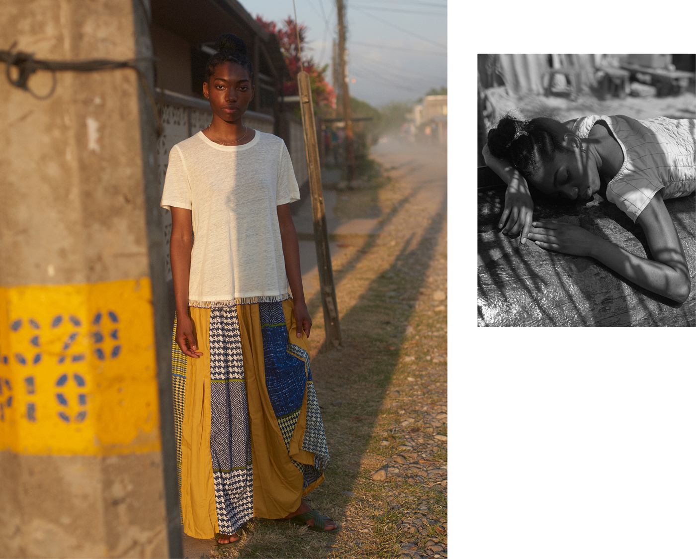 Left: Top by Derek Lam 10 Crosby. Traditional Garifuna skirt from ODECO.Right: Top by Drome.