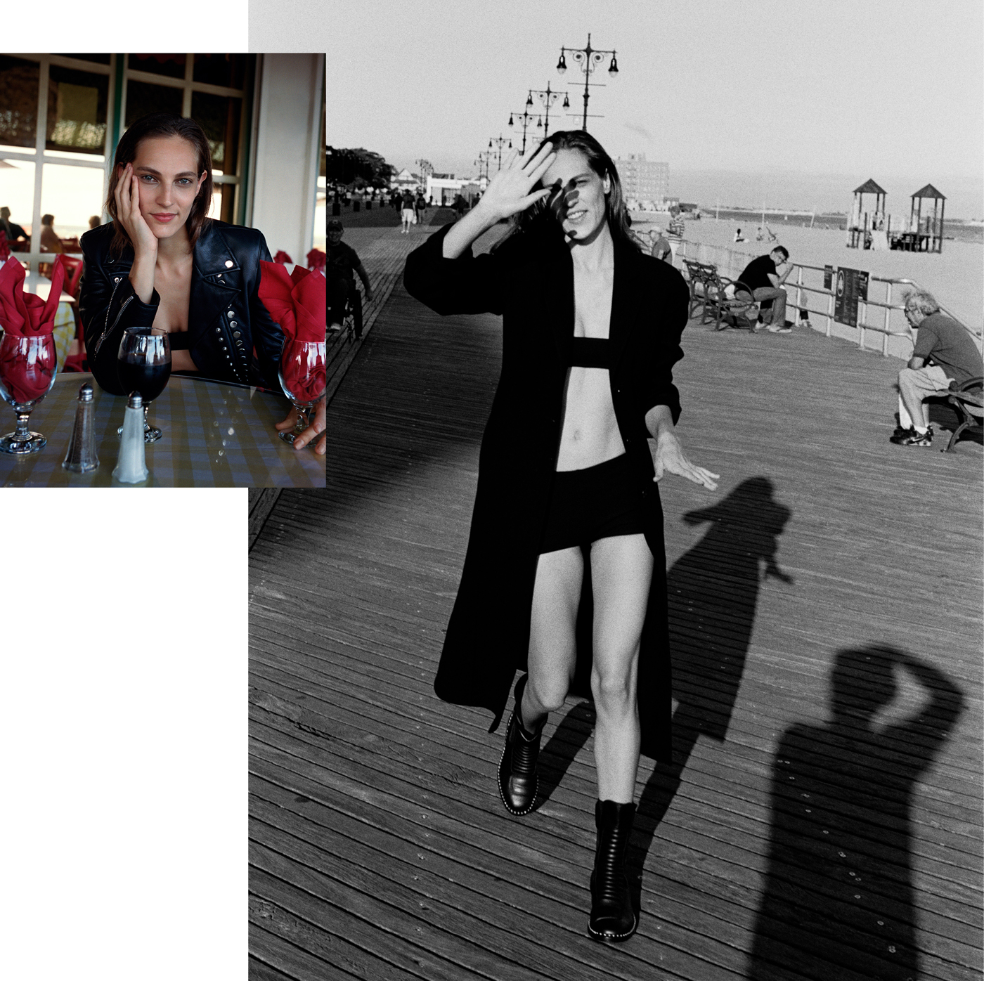 Left: Jacket by Alexander Wang. Bra by Versace.Right: All clothing by Versace. Boots by Alexander Wang.