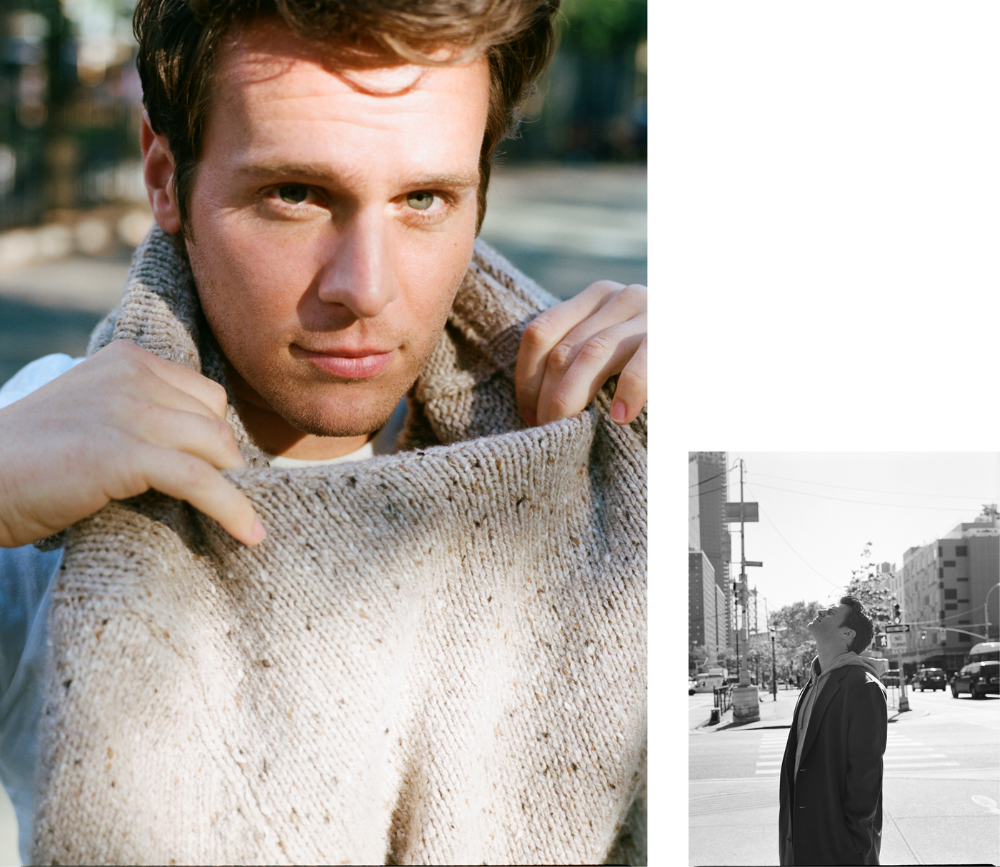 Left: Sweater by Deveaux. T-shirt by Hanes.Right: Coat by Acne Studios. Sweatshirt by Calvin Klein.