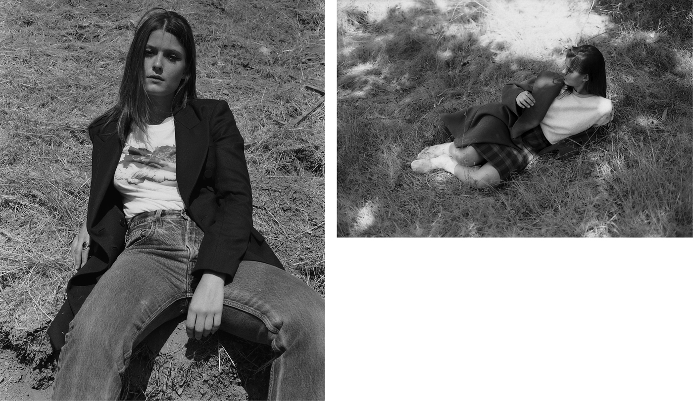 Left: Jacket by Stella McCartney. T-shirt by Fiorucci. Vintage jeans by Levi's.Right: Coat by Jil Sander. Sweatshirt by Fiorucci. Vintage skirt.