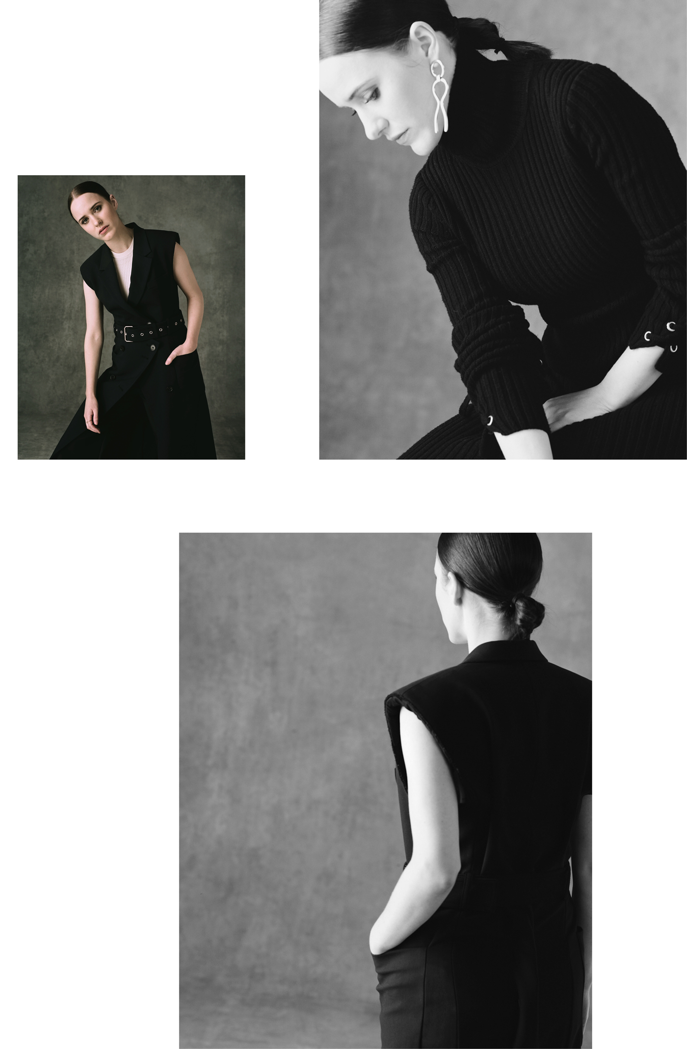 Top left and bottom: All clothing by 3.1 Phillip Lim.Top right: Dress by Maje. Earrings by Alta Ora.