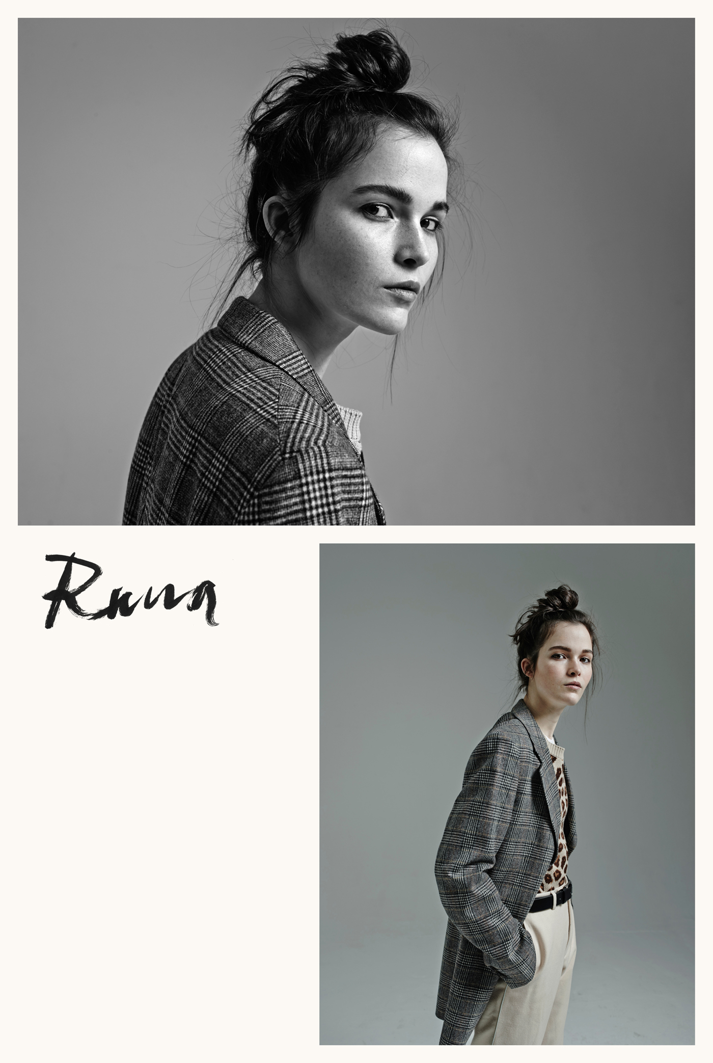 Runa Neuwirth at DNA Models wears jacket, sweater, and trousers by Gucci. T-shirt and belt, stylist's own.