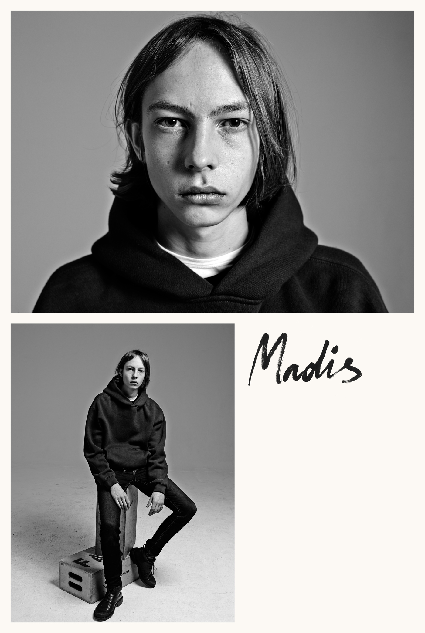 Madis Kuik at Sage Management wears sweatshirt and t-shirts by Alexander Wang. Jeans and boots, model's own.