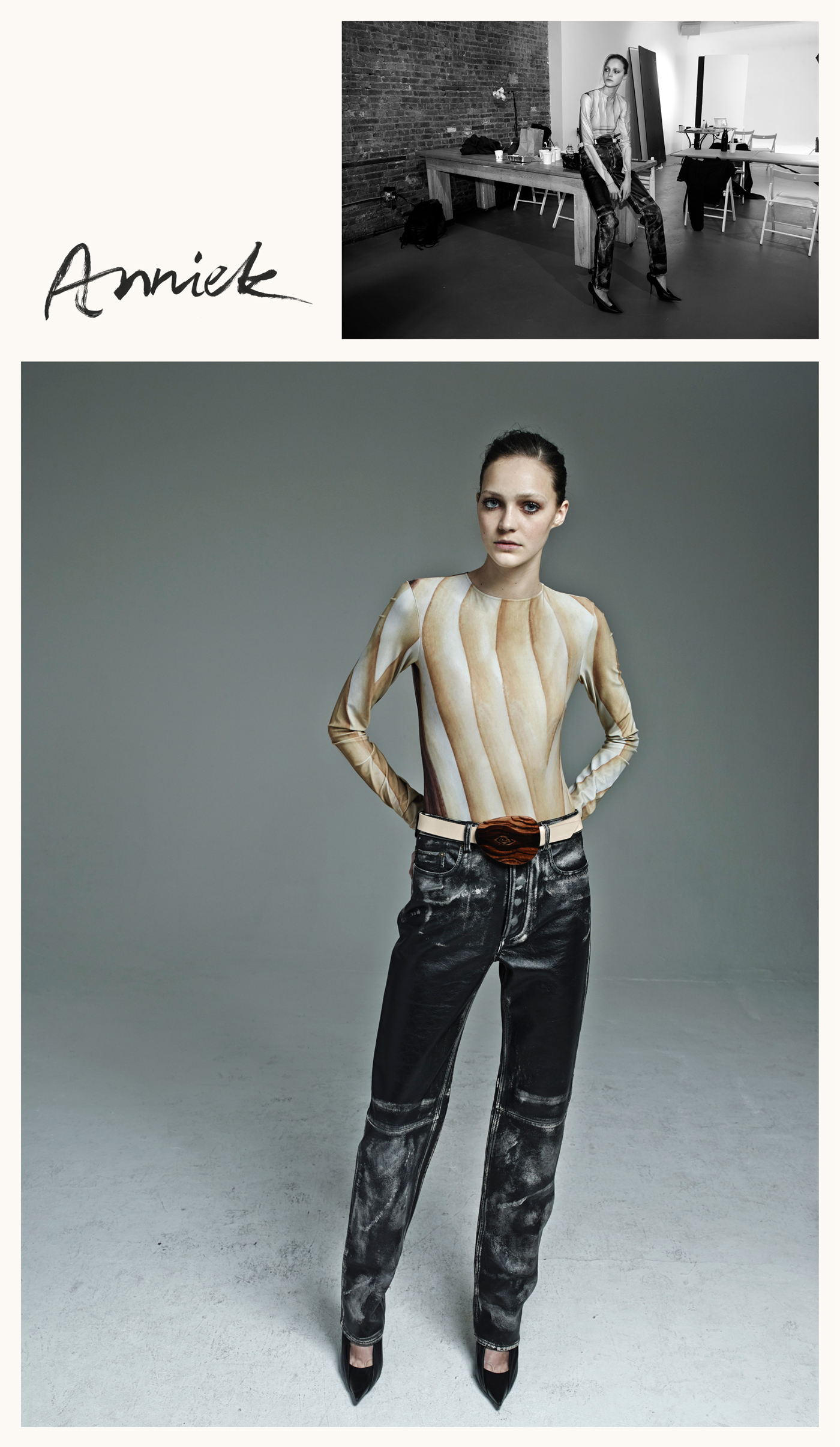 Anniek Verfaille at One Management wears all clothing and belt by Acne Studios. Shoes by Balenciaga.
