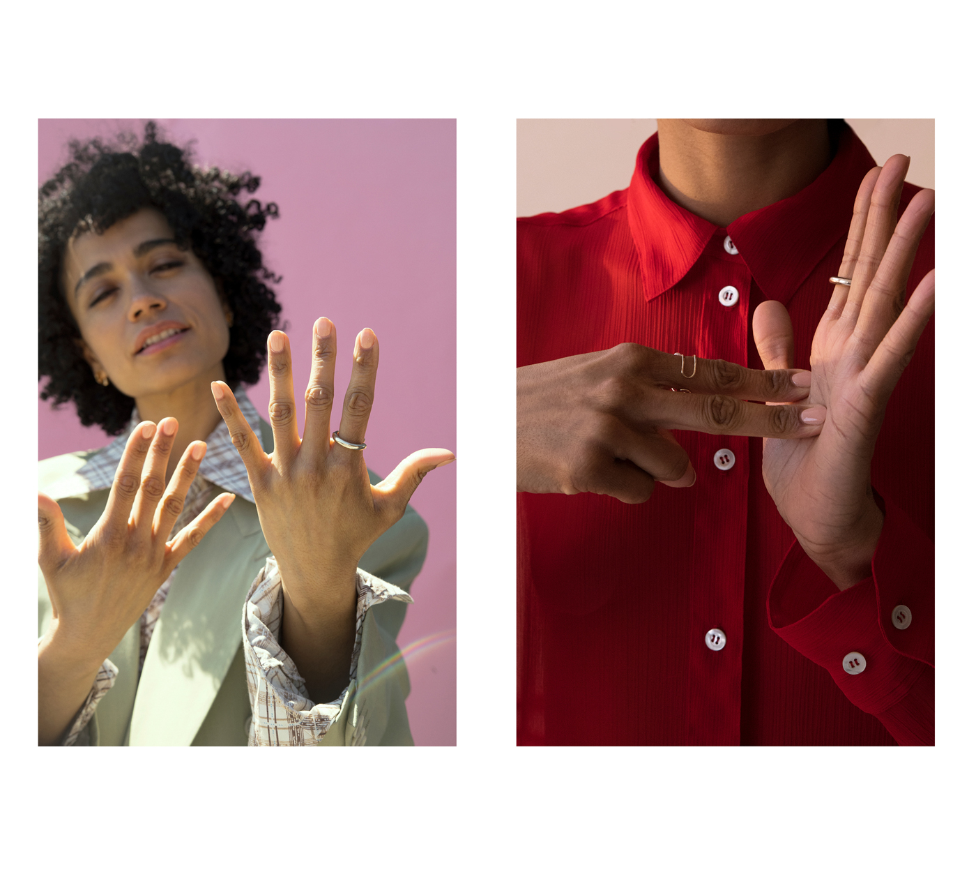 Left: Jacket by Sies Marjan. Shirt by The Break. Ring by Bonheur.Right: Dress by Y/Project. Ring on left hand by Bonheur.