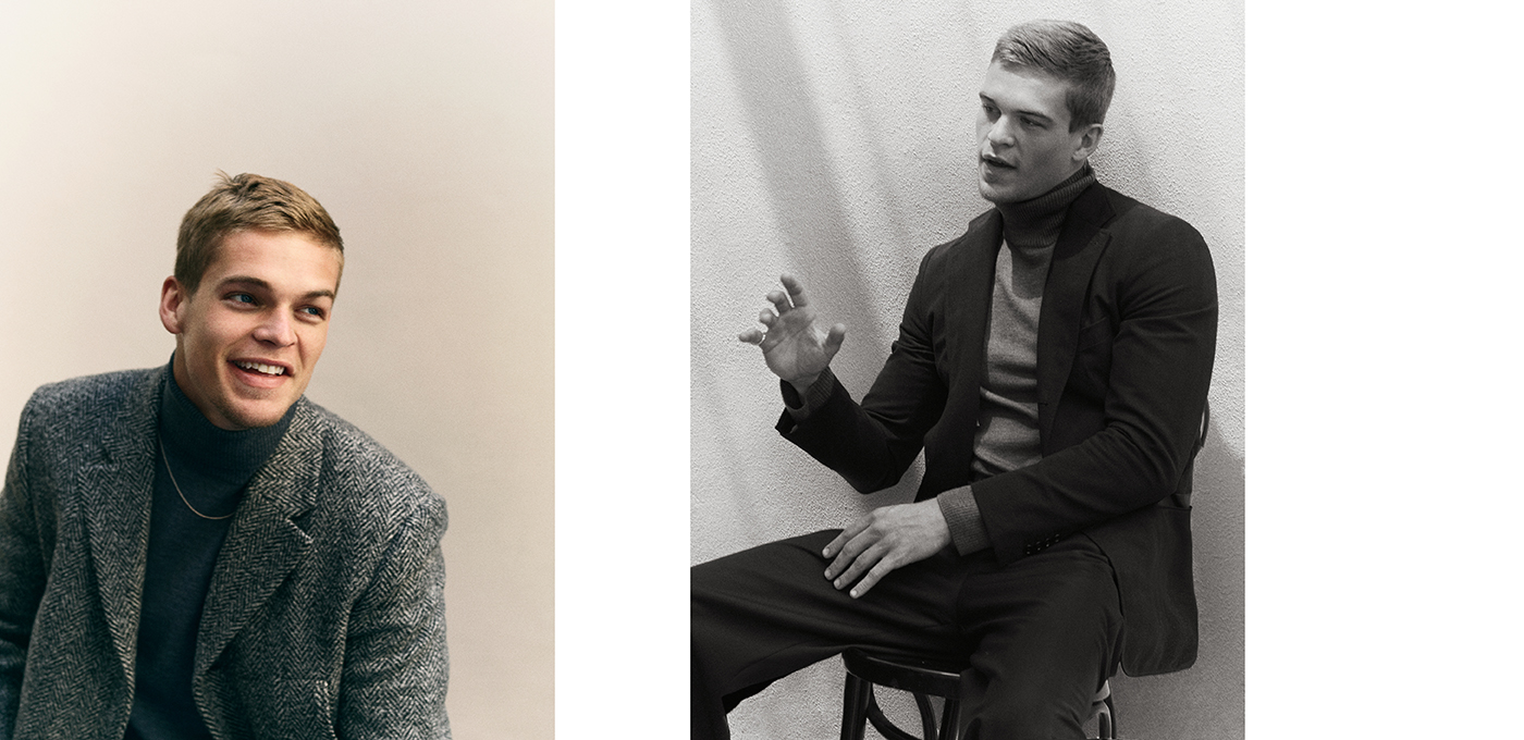 Left: Jacket by agnès b. Sweater by Margaret Howell. Necklace, worn throughout, by Slim Barrett.Right: Jacket and trousers by Hermès. Sweater and ring, worn throughout, by A.P.C.