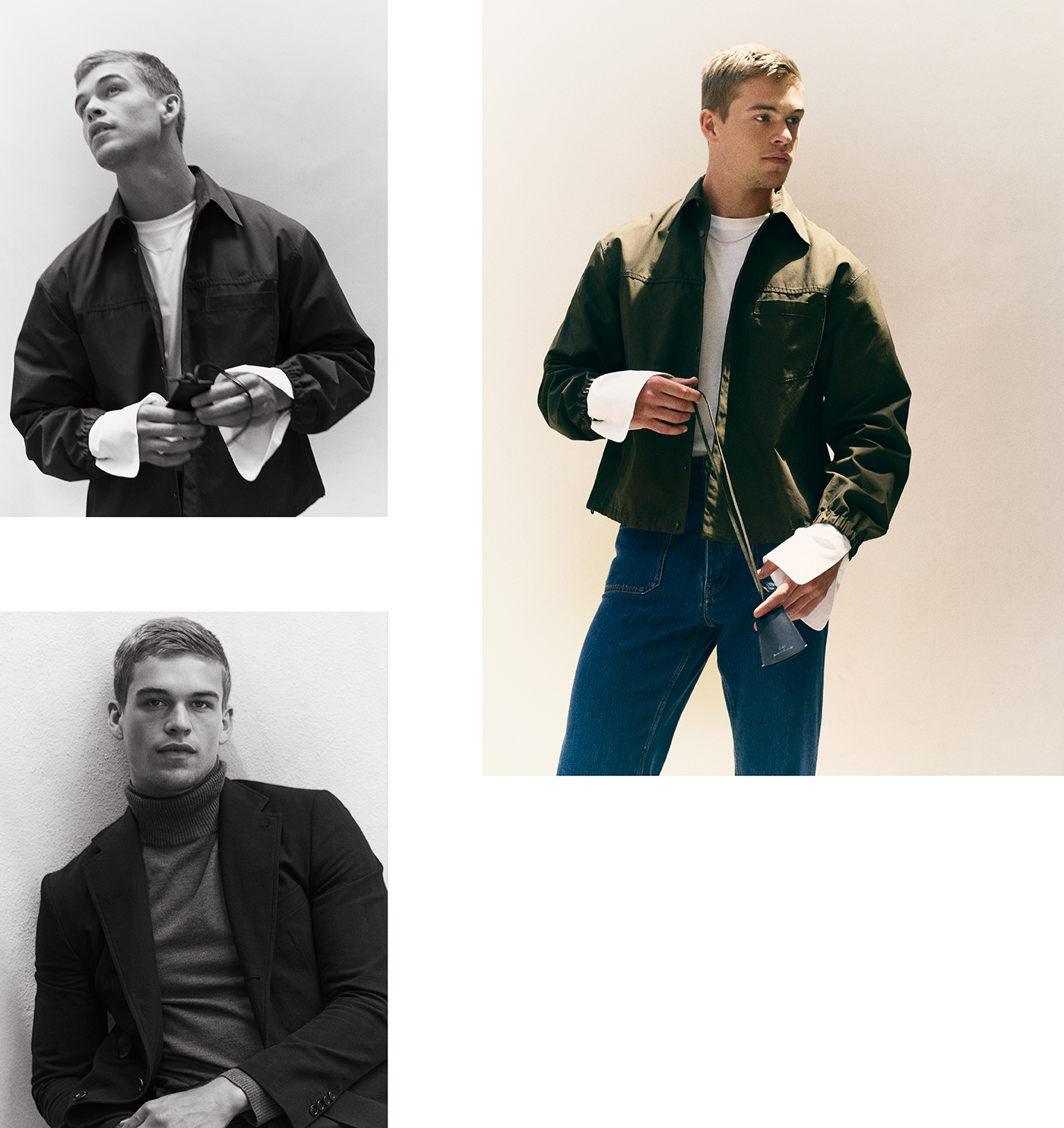 Top: Jacket by 3.1 Phillip Lim. Shirt by Dries Van Noten. Jeans by Loewe.Bottom left:  Jacket by Hermès. Sweater by A.P.C.