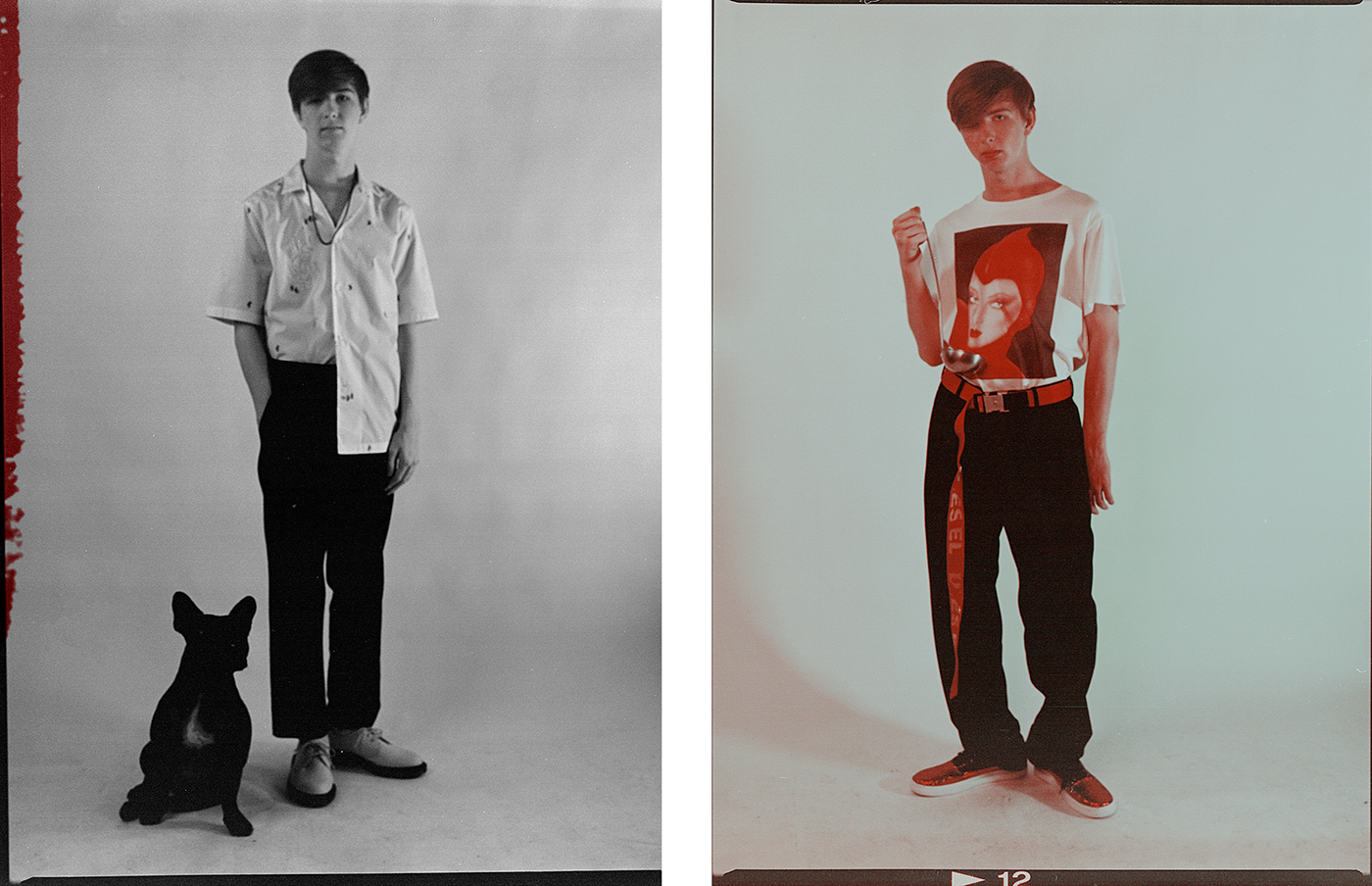 Left: Shirt by Salvatore Ferragamo. T-shirt by Topman. Trousers by McQ. Shoes by Dr. Martens. Necklace, talent's own.Right: All clothing by Stella McCartney. Belt by Diesel. Sneakers by Ports 1961.