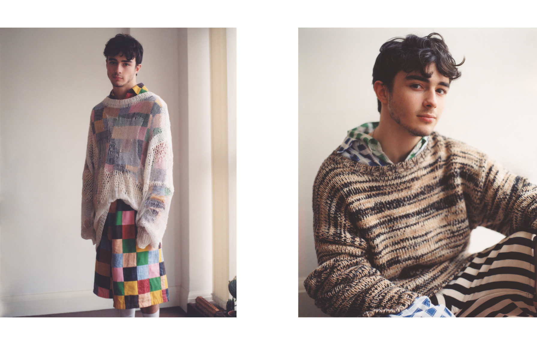 Left: Sweater by Christian Dada. Shirt and shorts by Loewe.Right: Sweater by Joseph. Shirts and shorts by Marni.