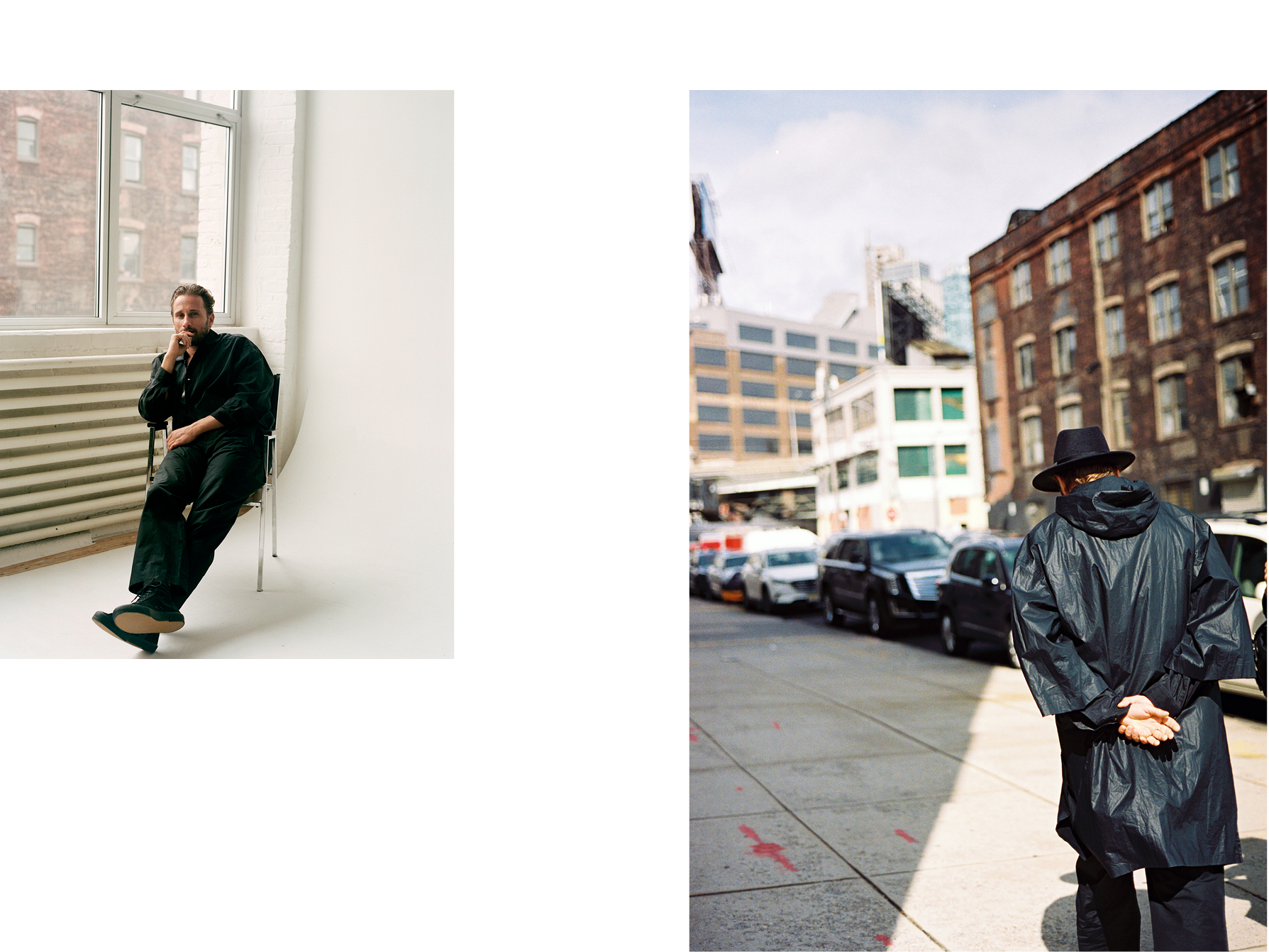 Left: All clothing by Lemaire. Sneakers by Veja.Right: Coat by Uniqlo x JW Anderson. Trousers by Lemaire and Sunspel. Hat, stylist's own.