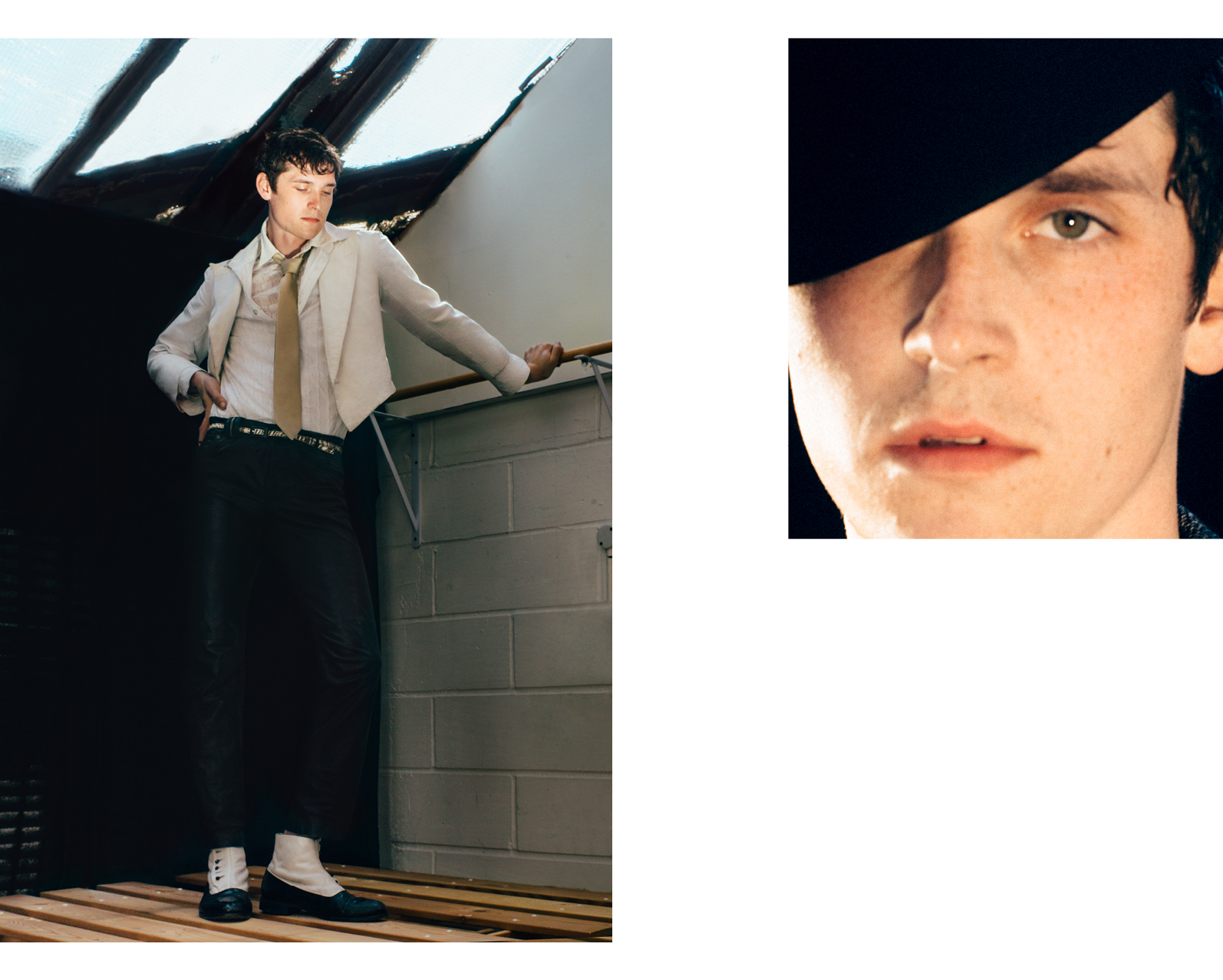 Left: Jacket, tie, and belt, stylist's own. Shirt by Pierre Cardin. Shirt, worn underneath, by Hugo Boss. Trousers by John Galliano. Shoes, worn throughout, from the Costume Studio, London.Right: Hat by Davide Cenci.