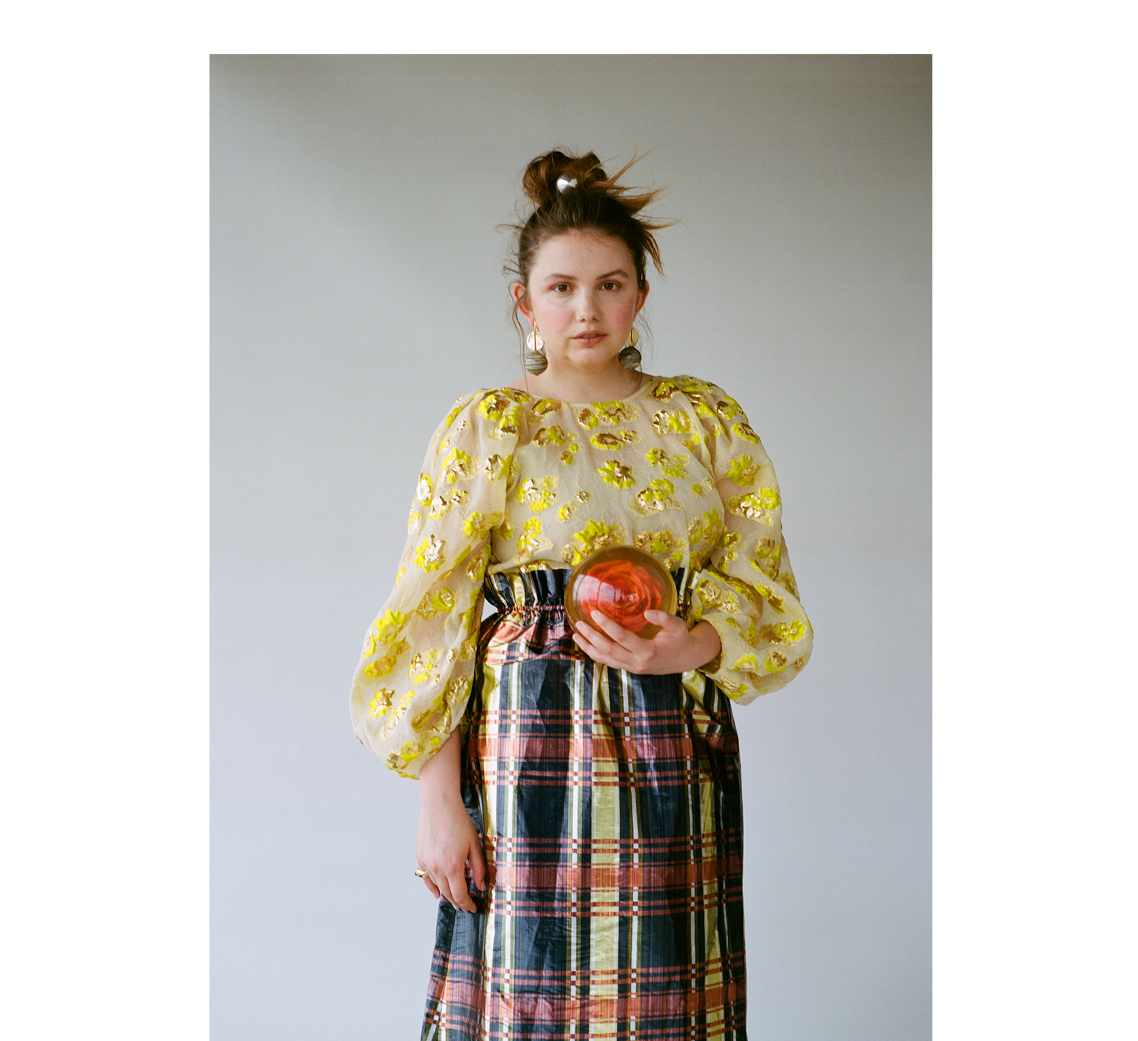 Top by Rachel Comey. Skirt by Maryam Nassir Zadeh from Nonna, Los Angeles. Earrings by Modern Weaving. Ring by Legier from Assembly Los Angeles. Hair tie by Saskia Diez from Assembly Los Angeles.