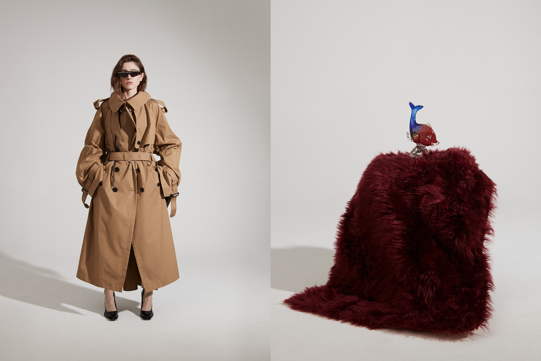 Coat by Sacai. Shoes by Acne Studios. Sunglasses by Balenciaga.