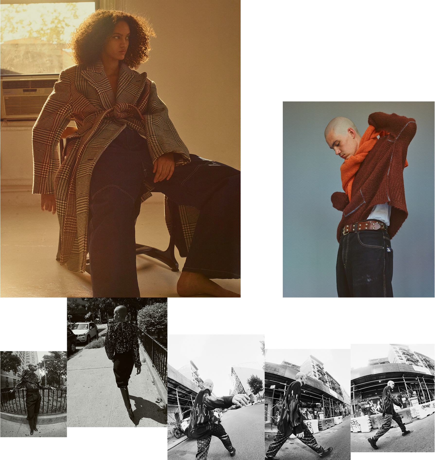 Clockwise from top left: Figueroa wears coat by Stella McCartney. Vintage jeans from Resurrection Vintage, New York. Raeder wears sweater by Acne Studios. Sweater, worn around neck, by Federico Curradi. Jeans and belt, model’s own.Raeder wears top by Federico Curradi. Trousers by Bode. Shoes by Salvatore Ferragamo.Fitz wears top by Saint Laurent. Trousers by Dries Van Noten. Boots by Akris.