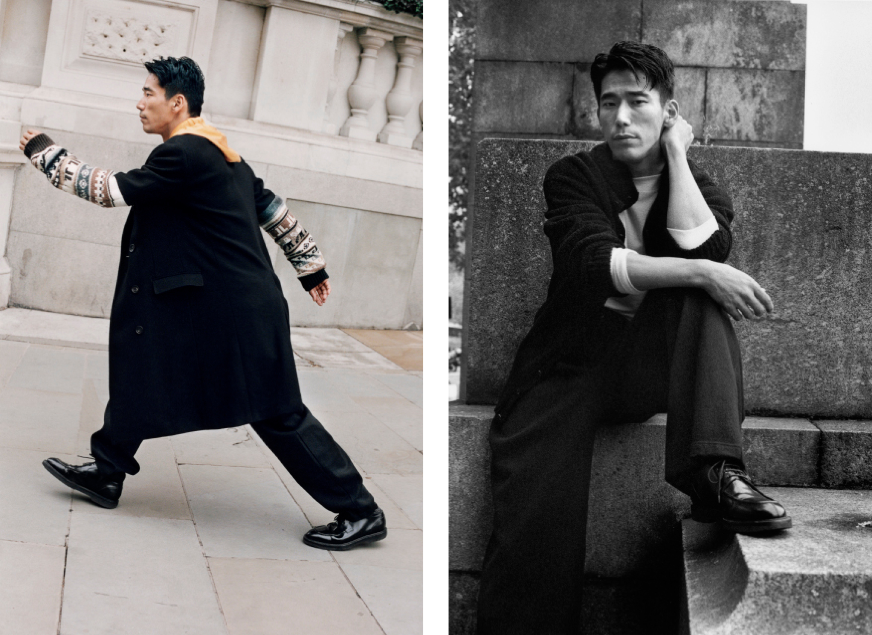 Left: Coat and top by Lanvin. Trousers by Chalayan. Shoes, worn throughout, by Dries Van Noten.Right: Sweater and trousers by Yohji Yamamoto. Top by Margaret Howell.